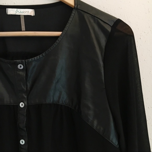 Freebird Sheer Black Top with Faux Leather - Picture 3 of 6